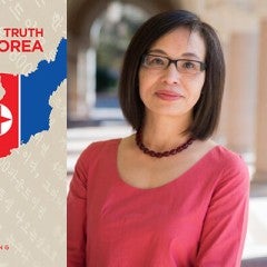 Sonia Ryang and the Book Cover for Language and Truth in North Korea which depicts a statue of Kim Il SUng on a backdrop of the North Korean flag and hangul script